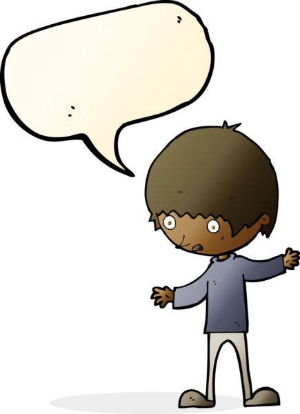 Bir insan tarafından çizilmiş konuşma baloncuğuyla kollarını açmış çizgi film çocuğu.