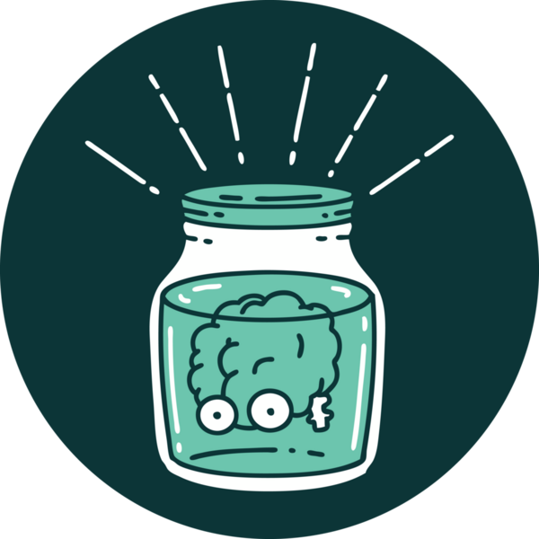 Kavanozda bir insan tarafından çizilmiş dövme stili bir beynin simgesi