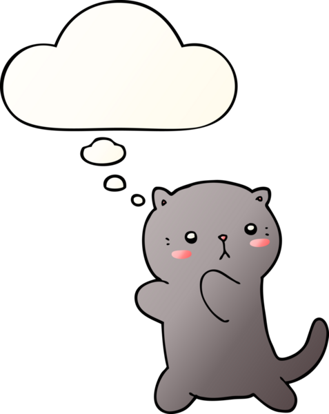 Bir insan tarafından çizilmiş yumuşak eğimli düşünce baloncuklu şirin çizgi film kedisi.