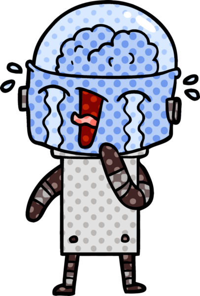 Bir insan tarafından çizilmiş ağlayan robot çizgi film.