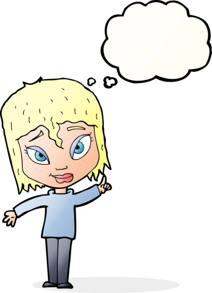 Bir insan tarafından çizilmiş düşünce baloncuğu fikri olan karikatür kadın.