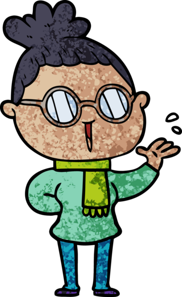 Bir insan tarafından çizilmiş gözlüklü bir karikatür kadın.