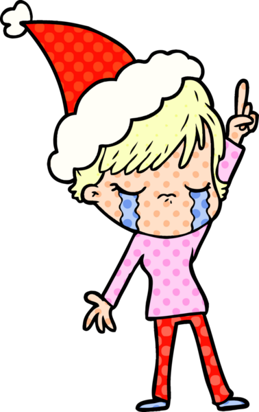 Bir insanın çizdiği Noel Baba şapkasıyla ağlayan bir kadının el çizimi çizgi roman tasviri.