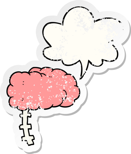 Konuşma baloncuğu olan çizgi film beyni bir insan tarafından çizilmiş sıkıntılı eski bir çıkartma.