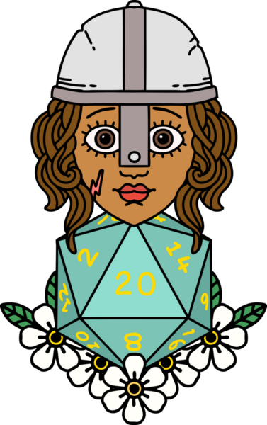 Retro Dövme Tarzı İnsan Dövüşçüsü Doğal 20 D20 zar atışıyla Bir insan tarafından çizilmiş