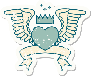 Bir insan tarafından çizilmiş kanatlı bir kalbin bayrağını taşıyan eski bir etiket.