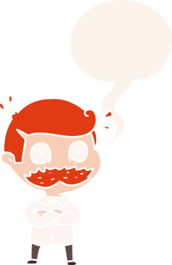 Bıyıklı bir karikatürist, insan tarafından çizilmiş retro tarzı konuşma baloncuğuyla şok oldu.