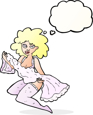 Bir insan tarafından çizilen düşünce baloncuğuyla değişen çizgi film kadını.