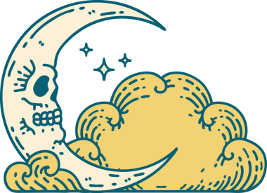 Kafatası hilal şeklinde bir dövme ve bir insan tarafından çizilmiş bulutlar.