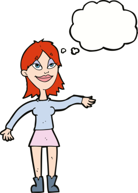 Bir insan tarafından çizilmiş düşünce baloncuğuyla el hareketi yapan çizgi film kadını.