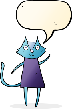 Bir insan tarafından çizilmiş konuşma baloncuğuyla sallanan sevimli çizgi film kara kedisi.