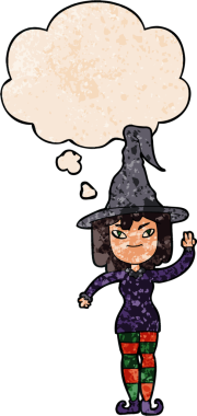 Bir insan tarafından çizilmiş grunge doku biçiminde düşünce baloncuğu olan çizgi film cadısı.