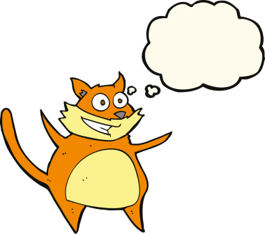 Bir insan tarafından çizilmiş düşünce baloncuklu komik çizgi film kedisi.