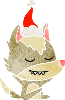 Bir insan tarafından çizilmiş Noel Baba şapkası giymiş bir kurdun eski bir çizgi filmi.