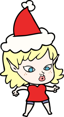 Bir insan tarafından çizilmiş Noel Baba şapkası giymiş güzel bir elf kızı çizimi.