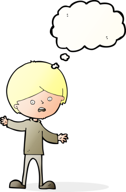 Bir insan tarafından çizilmiş düşünce baloncuğu olan mutsuz bir çocuk.