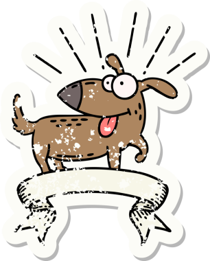 Dövme stili eski bir çıkartma bir insan tarafından çizilmiş mutlu bir köpek.