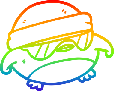 Gökkuşağı gradyan çizgisi. Bir insan tarafından çizilmiş güneş gözlüklü havalı bir noel ardıcı.