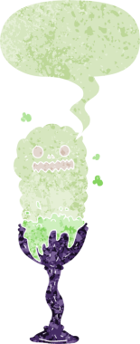 Bir insan tarafından çizilmiş, grunge sıkıntılı retro dokuma tarzında konuşma baloncuğu ile çizgi film hortlak cadılar bayramı iksiri bardağı