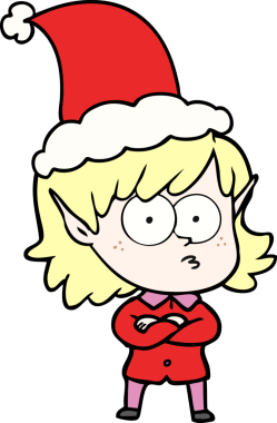 Bir insan tarafından çizilmiş Noel Baba şapkası giymiş bir elf kızının el çizimi.