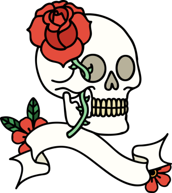 Geleneksel dövmeli kafatası ve bir insan tarafından çizilmiş gül.