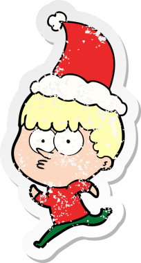 Bir insan tarafından çizilmiş Noel Baba şapkasıyla koşan meraklı bir çocuğun el çizimi karikatürü.