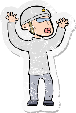 Bir insan tarafından çizilen paniğe kapılan bir çizgi film güvenlikçisinin retro sıkıntılı çıkartması.