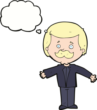 Çizgi filmlerdeki bıyıklı adam, kolları açık, düşünce baloncuğu çizen bir insan.