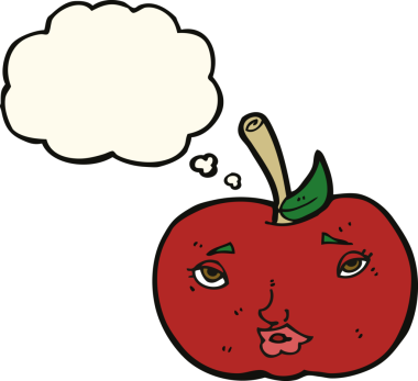 bir insan tarafından çizilmiş, yüzü düşünce baloncuğu olan çizgi film elması