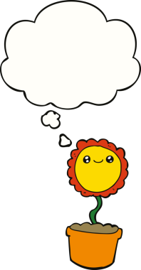 Bir insan tarafından çizilmiş düşünce baloncuklu karikatür çiçeği