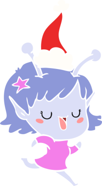 Mutlu uzaylı kız el çizimi bir insan tarafından çizilmiş Noel Baba şapkasının düz renk çizimi