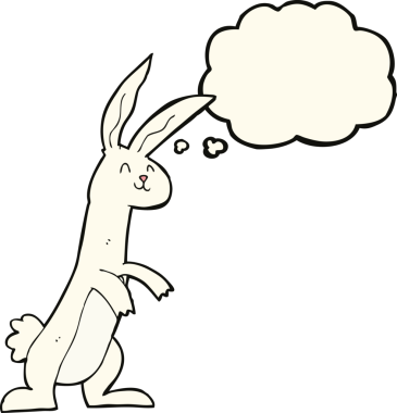 Bir insan tarafından çizilmiş düşünce kabarcığı olan çizgi film tavşanı.