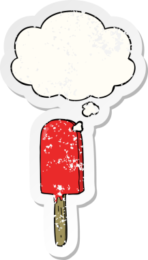 Düşünce baloncuklu çizgi film lolipopu insan tarafından çizilmiş yıpranmış bir çıkartma.