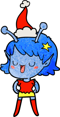 Mutlu uzaylı kız el çizimi. Bir insan tarafından çizilmiş Noel Baba şapkası.