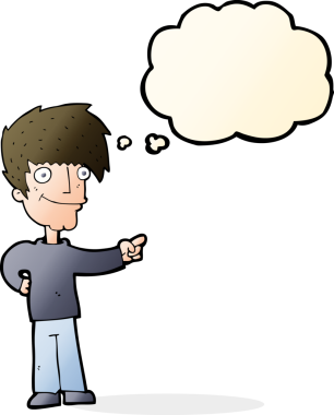 Bir insan tarafından çizilen düşünce baloncuğuyla işaret eden çizgi film adamı.