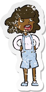 Bir insan tarafından çizilmiş kot pantolonlu bir karikatür kadın etiketi.