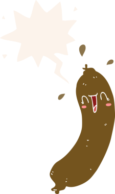 Bir insan tarafından çizilmiş, konuşma baloncuklu mutlu çizgi film sosisi.