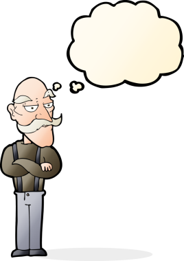 Bir insan tarafından çizilen düşünce baloncuğuyla sıkılmış yaşlı bir adam.