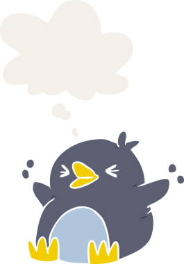 Düşünce baloncuğu olan bir penguen insan tarafından çizilmiş.