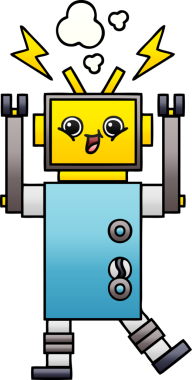 Bir insan tarafından çizilmiş mutlu bir robotun gölgeli çizgi filmi.