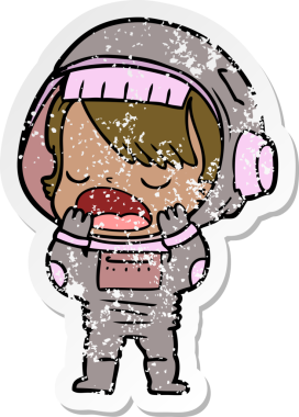 Bir insan tarafından çizilmiş sıkıntılı bir çizgi film çıkartması konuşan astronot.