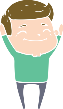 Bir insan tarafından çizilmiş mutlu düz renkli karikatür adam.