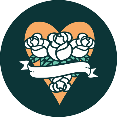 İkonik dövme stili bir kalp ve bir insan tarafından çizilmiş çiçekli pankart.