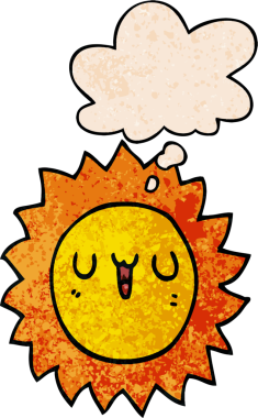 Bir insan tarafından çizilmiş grunge desenli düşünce baloncuklu çizgi film güneşi.