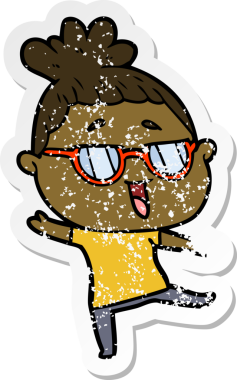 Bir insan tarafından çizilmiş gözlük takan mutlu bir kadının sıkıntılı çıkartması.