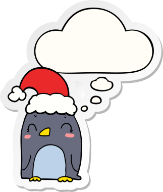 Bir insan tarafından çizilmiş bir çıkartma olarak düşünce baloncuğu olan şirin bir Noel pengueni.