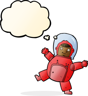 Bir insan tarafından çizilmiş düşünce baloncuklu astronot.