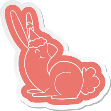 Bir insan tarafından çizilmiş Noel Baba şapkası takan bir tavşanın komik çizgi film çıkartması.