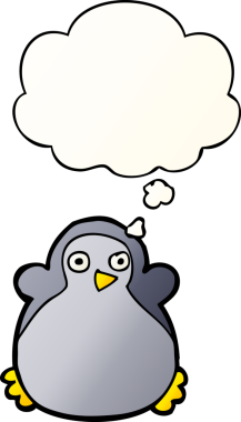 Düşünce baloncuğu olan karikatür pengueni bir insan tarafından çizilmiş.