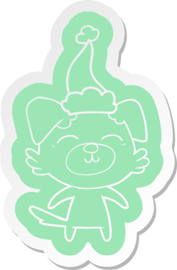 Bir insan tarafından çizilmiş Noel Baba şapkası takan bir köpeğin garip karikatür çıkartması.